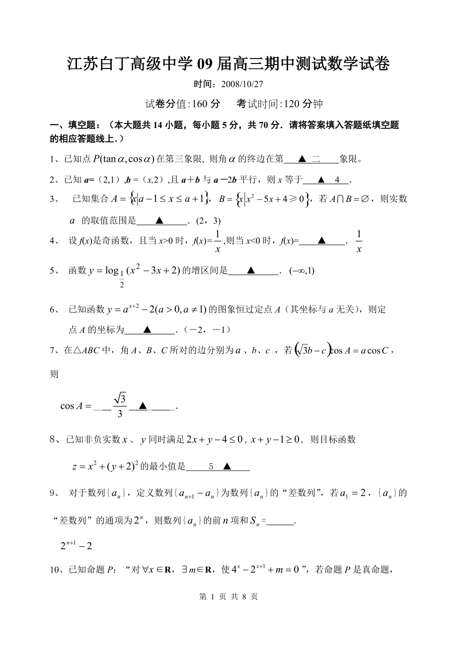 江蘇白丁高級中學(xué)09屆高三期中測試數(shù)學(xué)試卷_第1頁