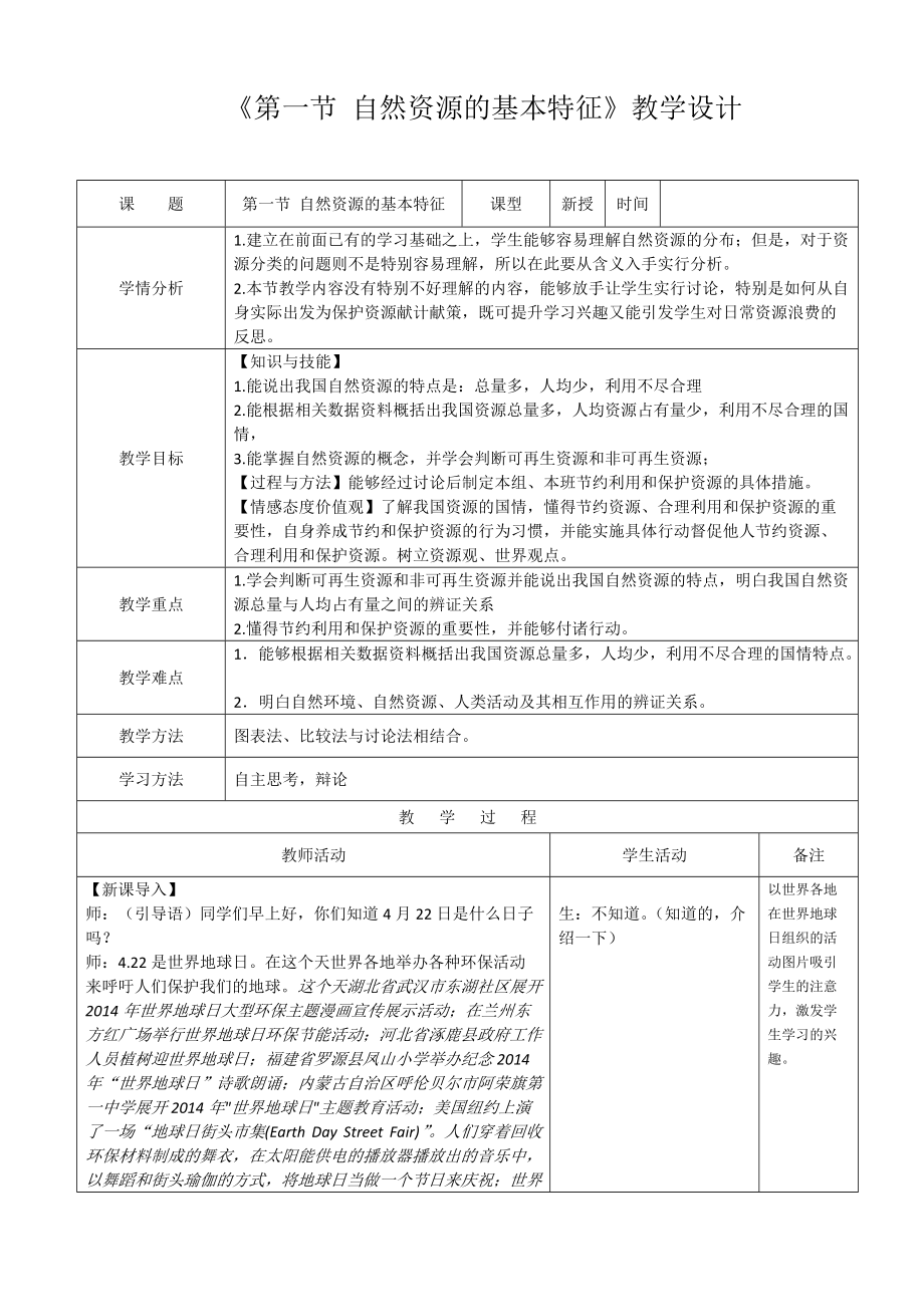 《第一節(jié) 自然資源的基本特征》教學設計_第1頁