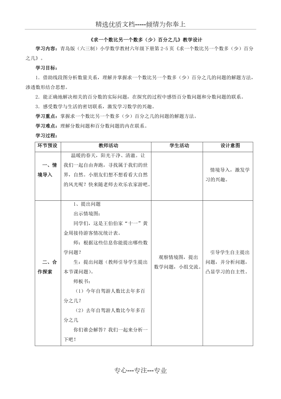 六年级下册数学青岛版《求一个数比另一个数多(少)百分之几》教学设计(共3页)_第1页