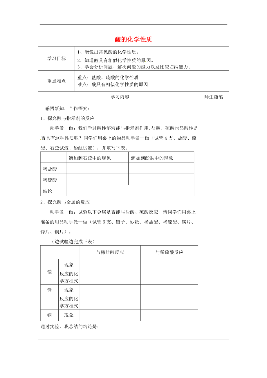 河北省唐山市灤南縣青坨營鎮(zhèn)初級中學(xué)九年級化學(xué)全冊基礎(chǔ)實驗8酸的化學(xué)性質(zhì)學(xué)案無答案新版滬教版_第1頁