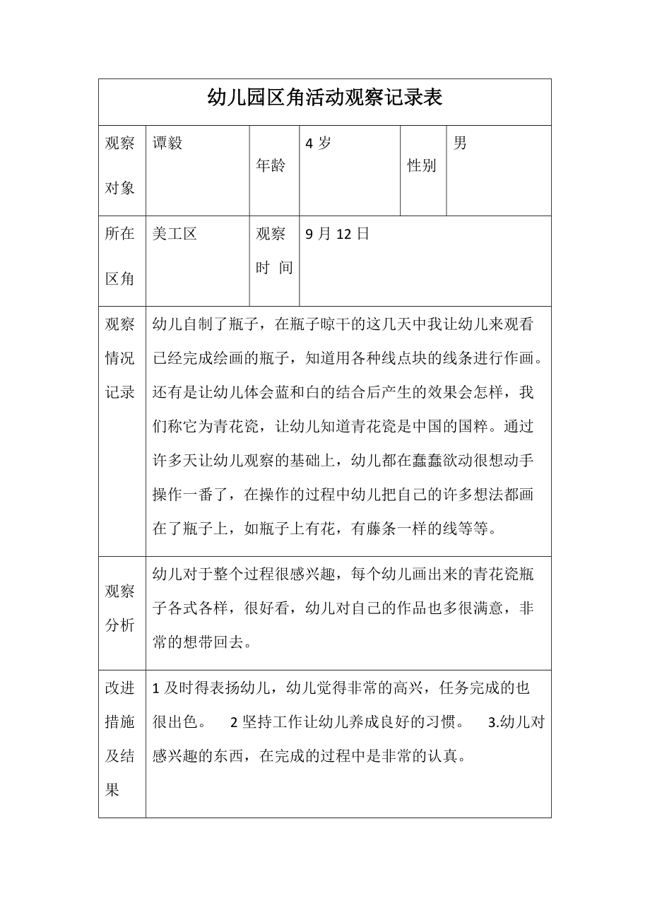 幼儿园区角活动观察记录表_第1页