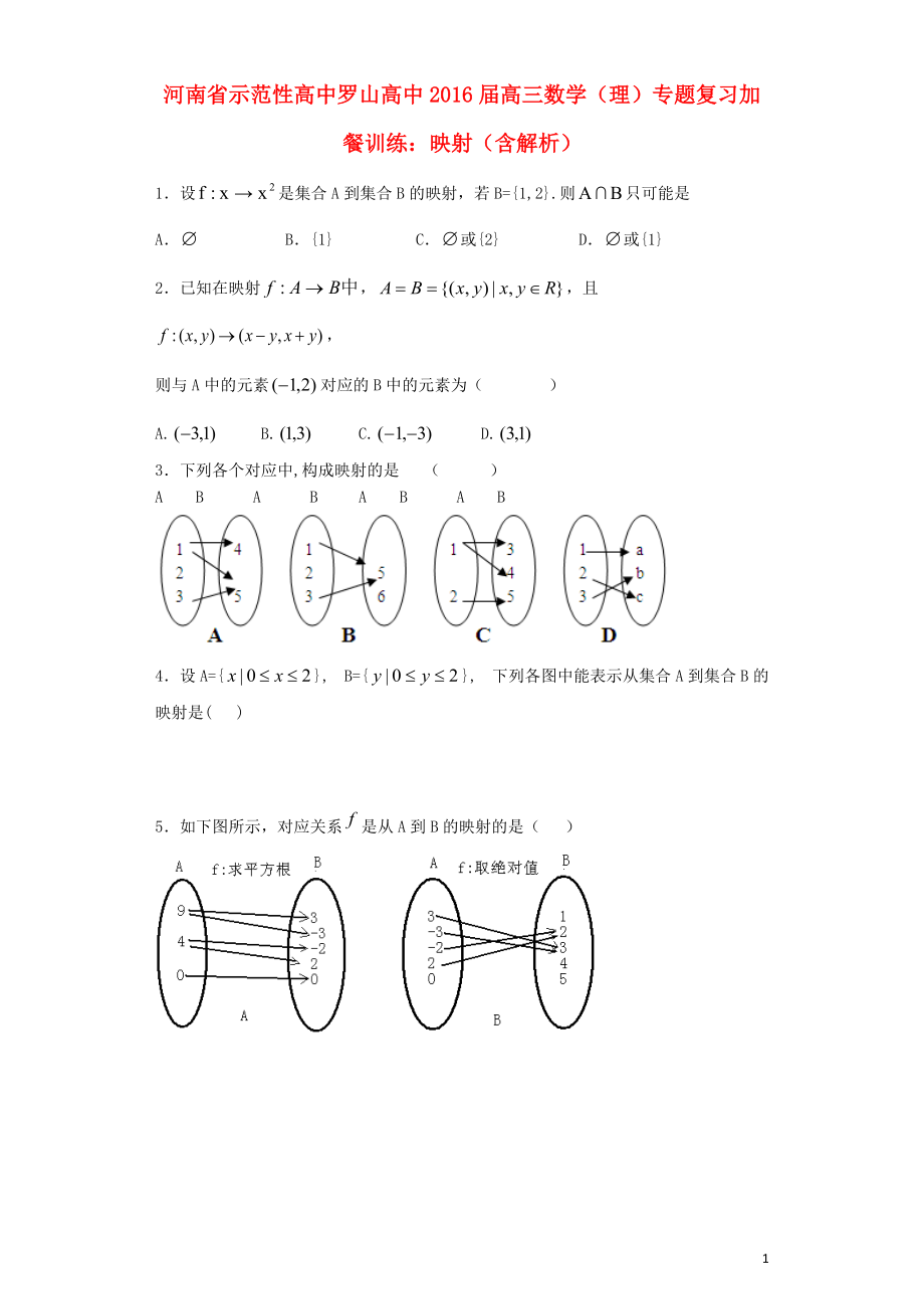 河南省示范性高中罗山高中2016届高三数学复习专题加餐训练映射理含解析_第1页