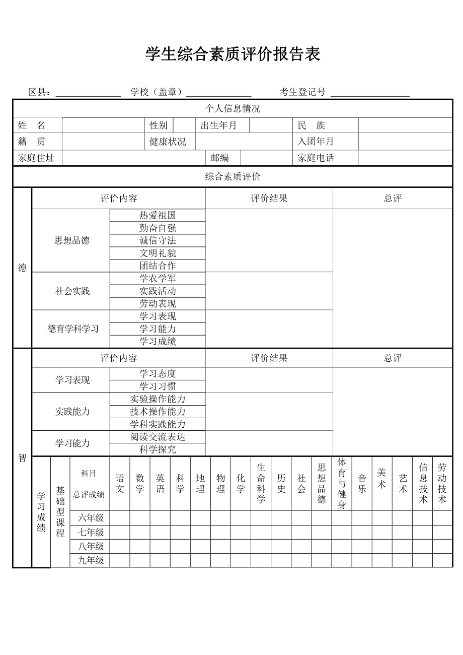 中学生综合素质评价表