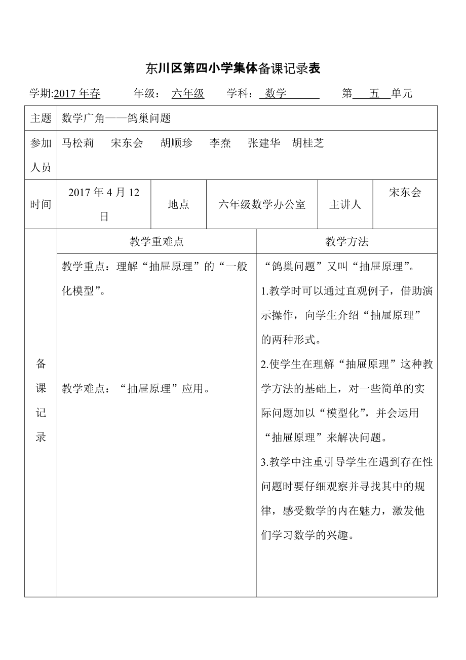 05、2017春四小六数第五次集体备课记录表_第1页