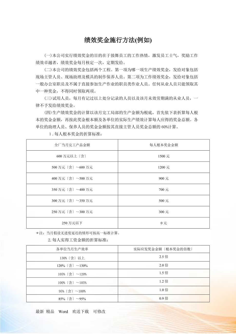 【薪酬福利】績效獎金施行辦法(示例)_第1頁