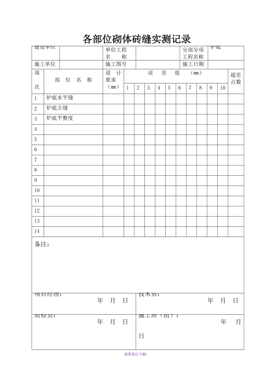 筑爐工程施工檢查記錄(空白表格)_第1頁