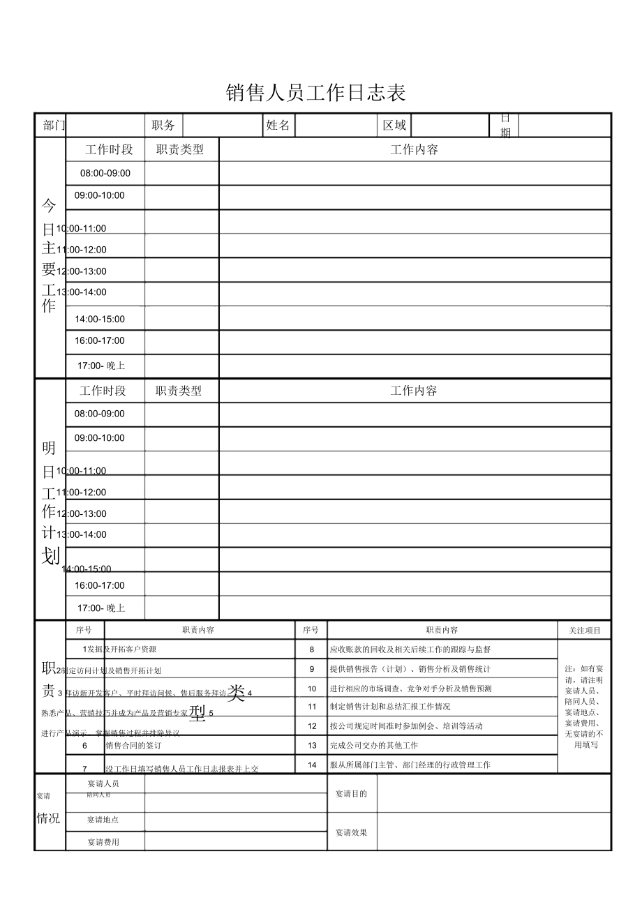 销售人员工作日志表