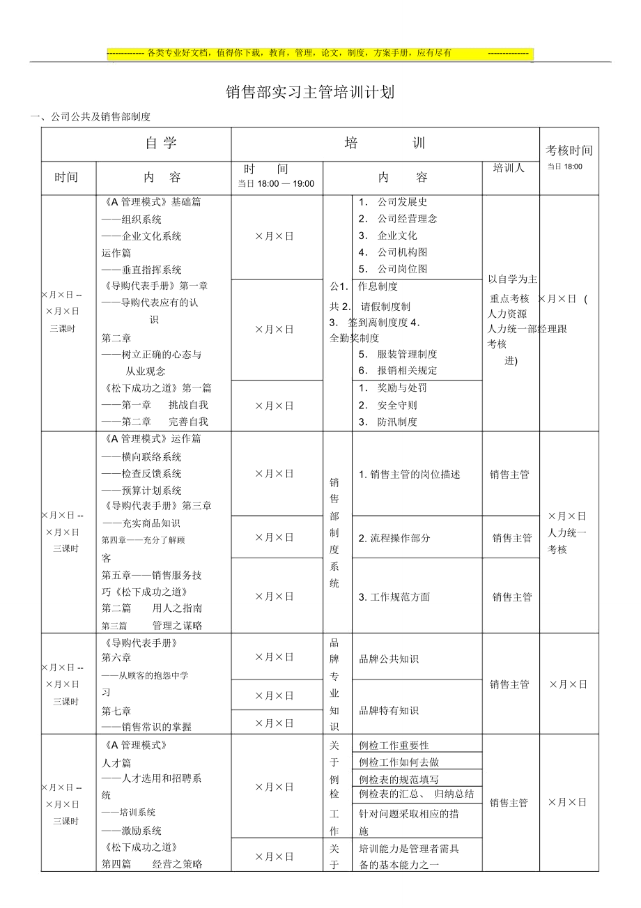 销售部实习主管培训计划(模式)_第1页