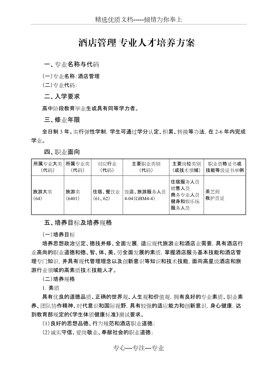 酒店管理专业人才培养方案(共15页)_第1页