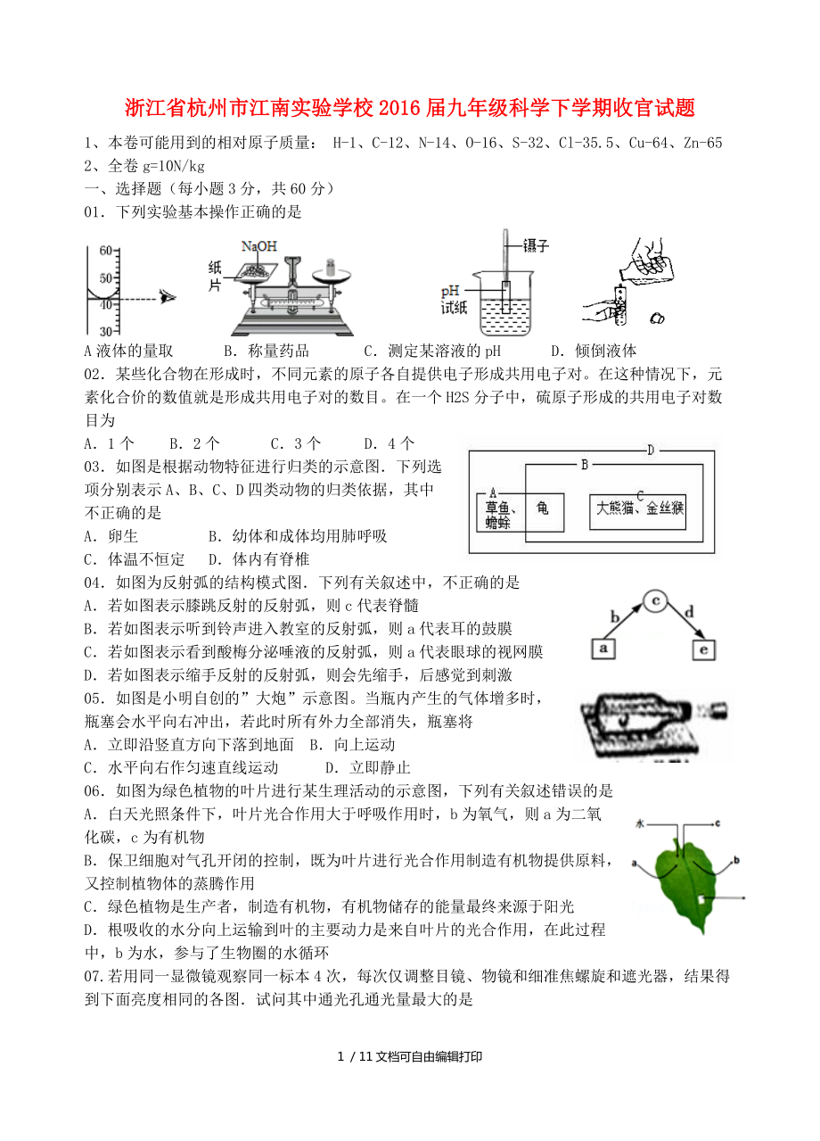 浙江省杭州市江南实验学校2016届九年级科学下学期收官试题_第1页