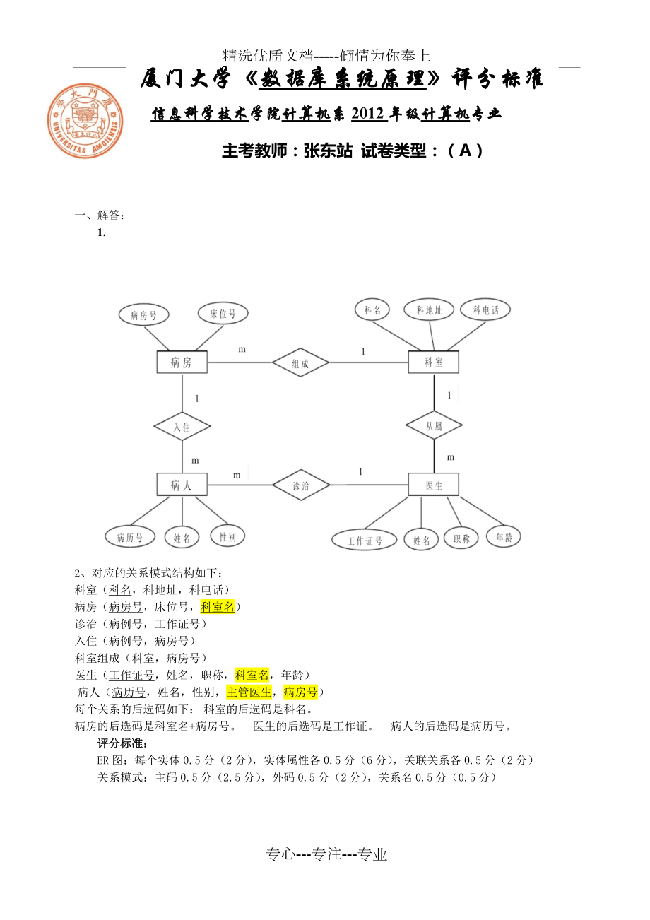 数据库系统原理试卷(A)评分标准2015(2012年级)(共7页)_第1页