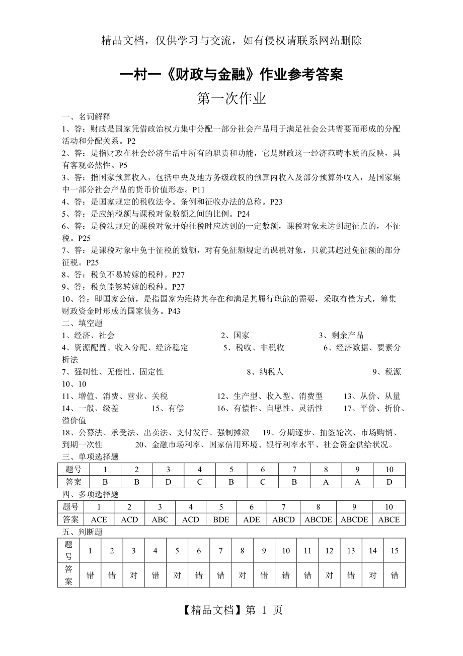 一村一大《財(cái)政與金融》課程形成性考核冊(cè)參考答案_第1頁(yè)