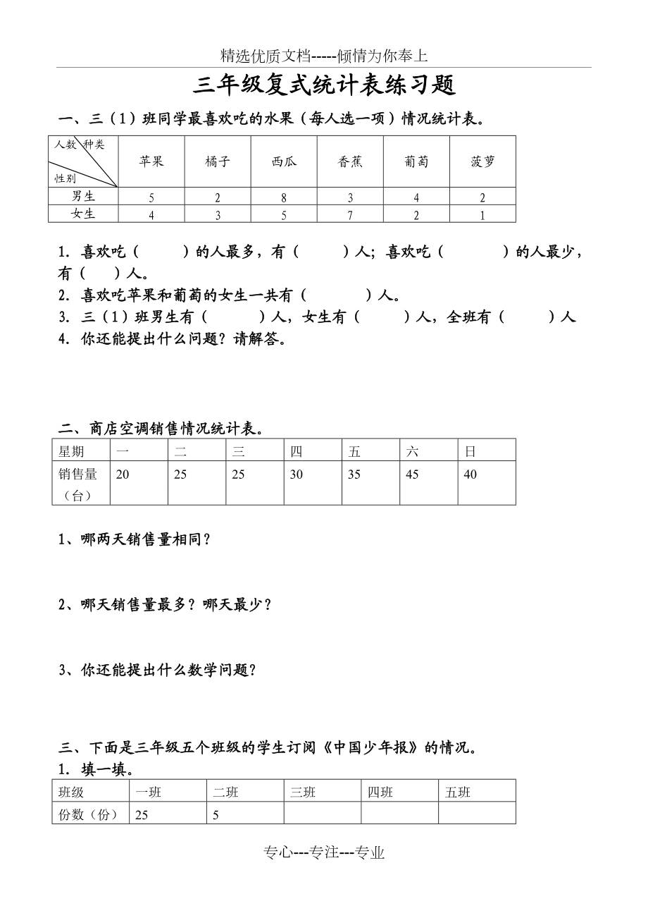 三年级复式统计表练习题(共3页)_第1页