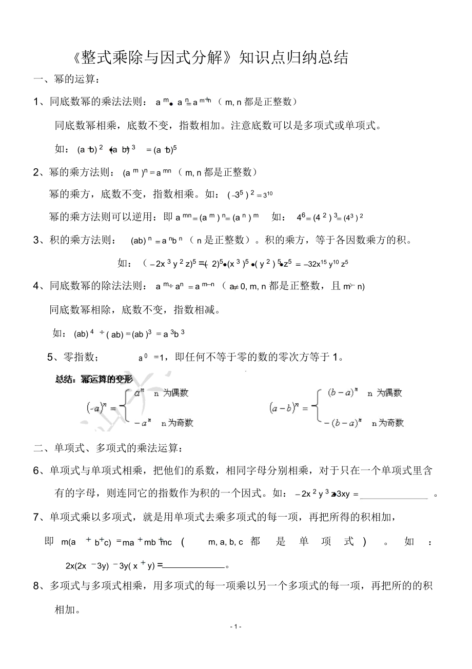 《-整式乘除與因式分解》知識點歸納總結(jié)精編版_第1頁