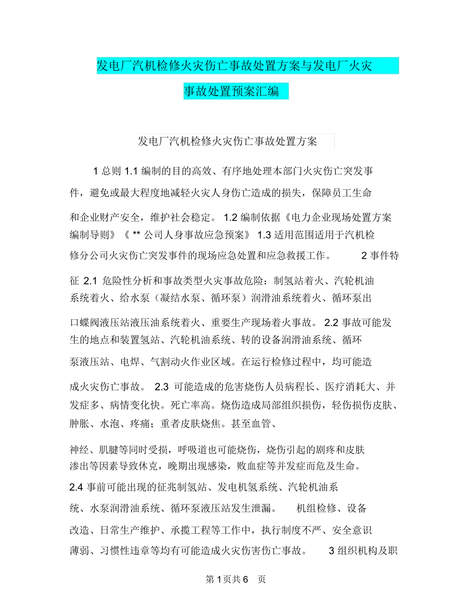 发电厂汽机检修火灾伤亡事故处置方案与发电厂火灾事故处置预案汇编_第1页