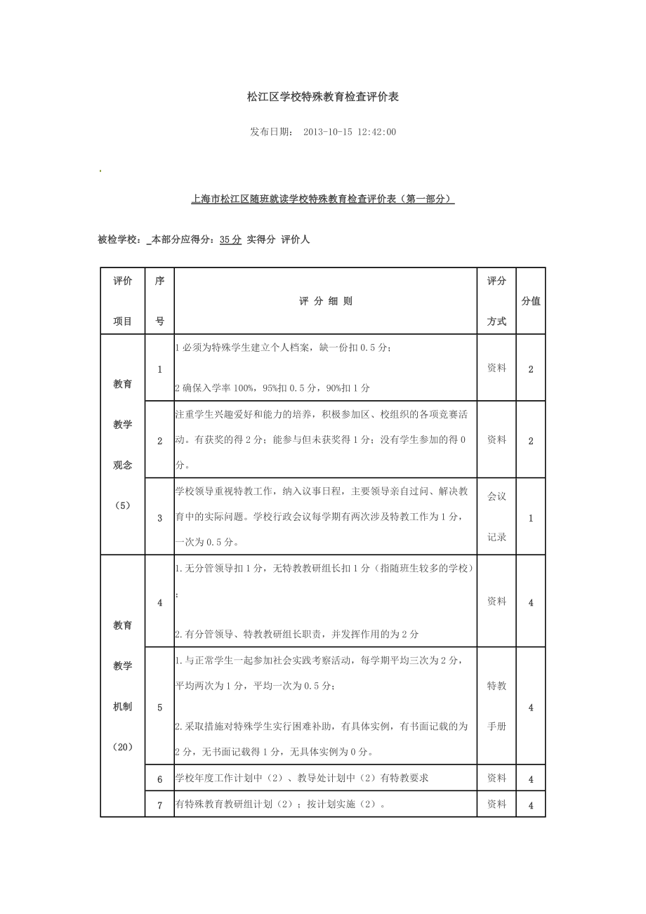 松江区学校特殊教育检查评价表_第1页