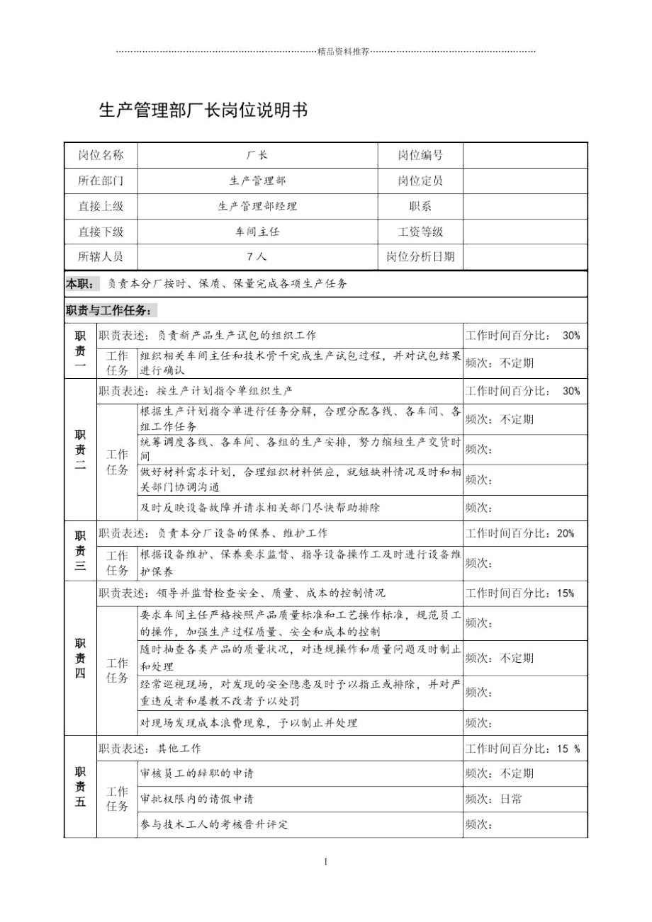 制鞋企业生产管理部厂长岗位说明书_第1页