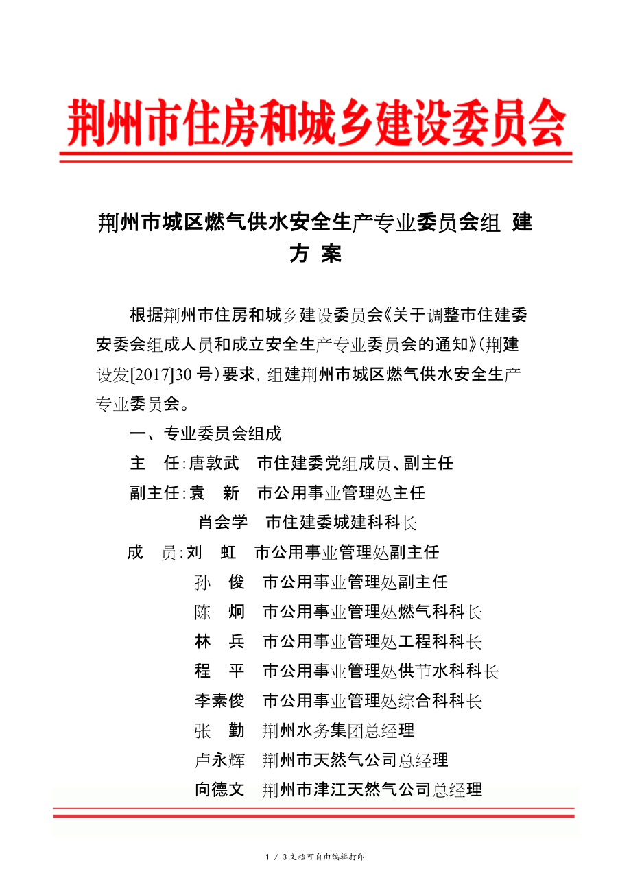 荆州城区燃气供水安全生产专业委员会组建方案_第1页
