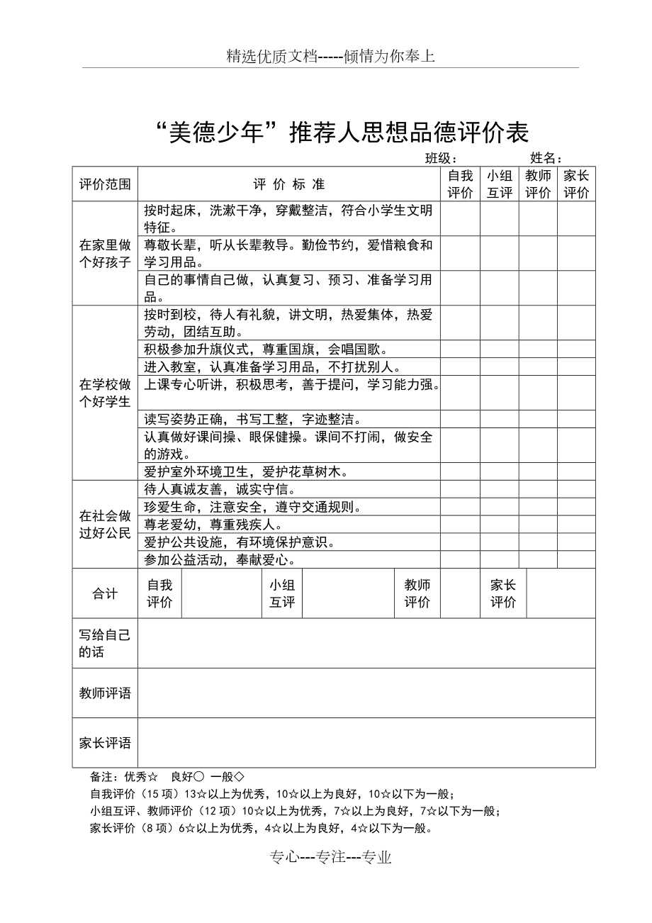 美德少年品德评价表共1页