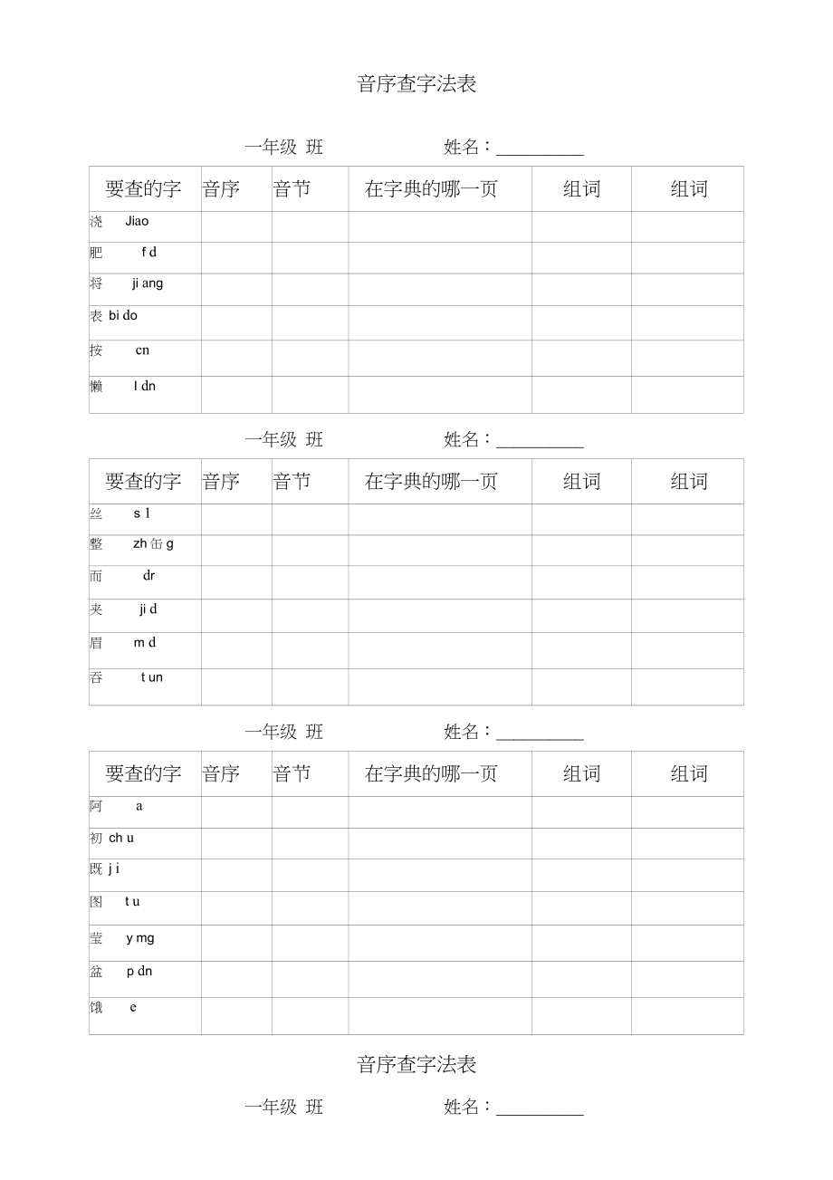 一年級(jí)下冊(cè)一年級(jí)音序查字練習(xí)()_第1頁(yè)