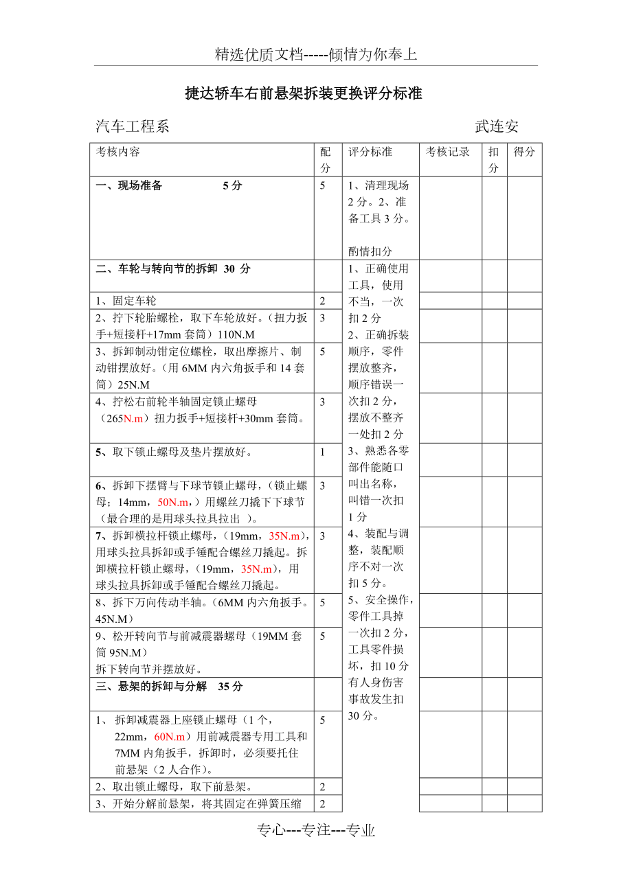 捷达轿车前悬架拆装评价标准(共2页)_第1页