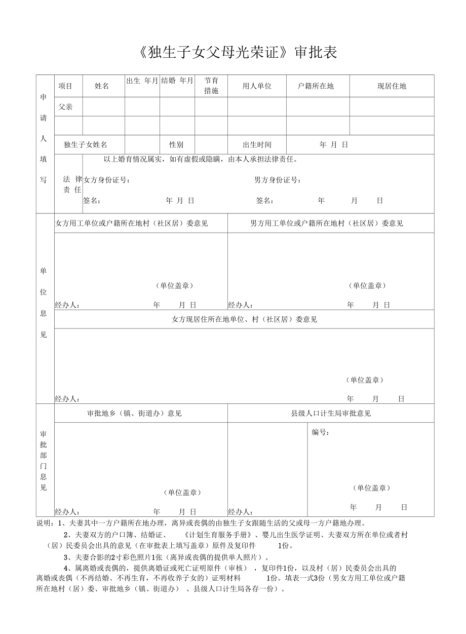 《獨生子女父母光榮證》審批表_第1頁