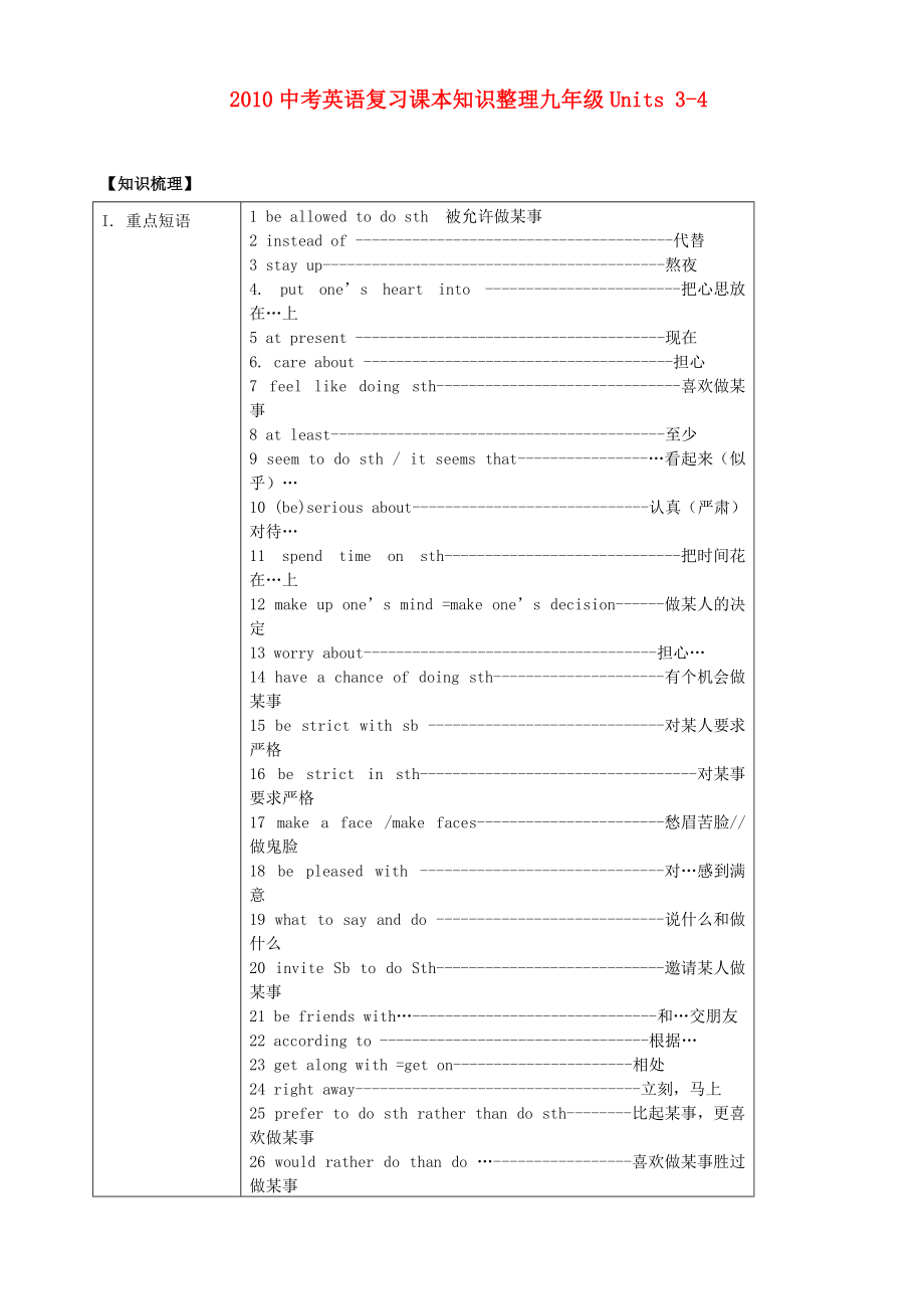 2010中考英語復(fù)習(xí)課本知識整理 九年級Units 3-4_第1頁