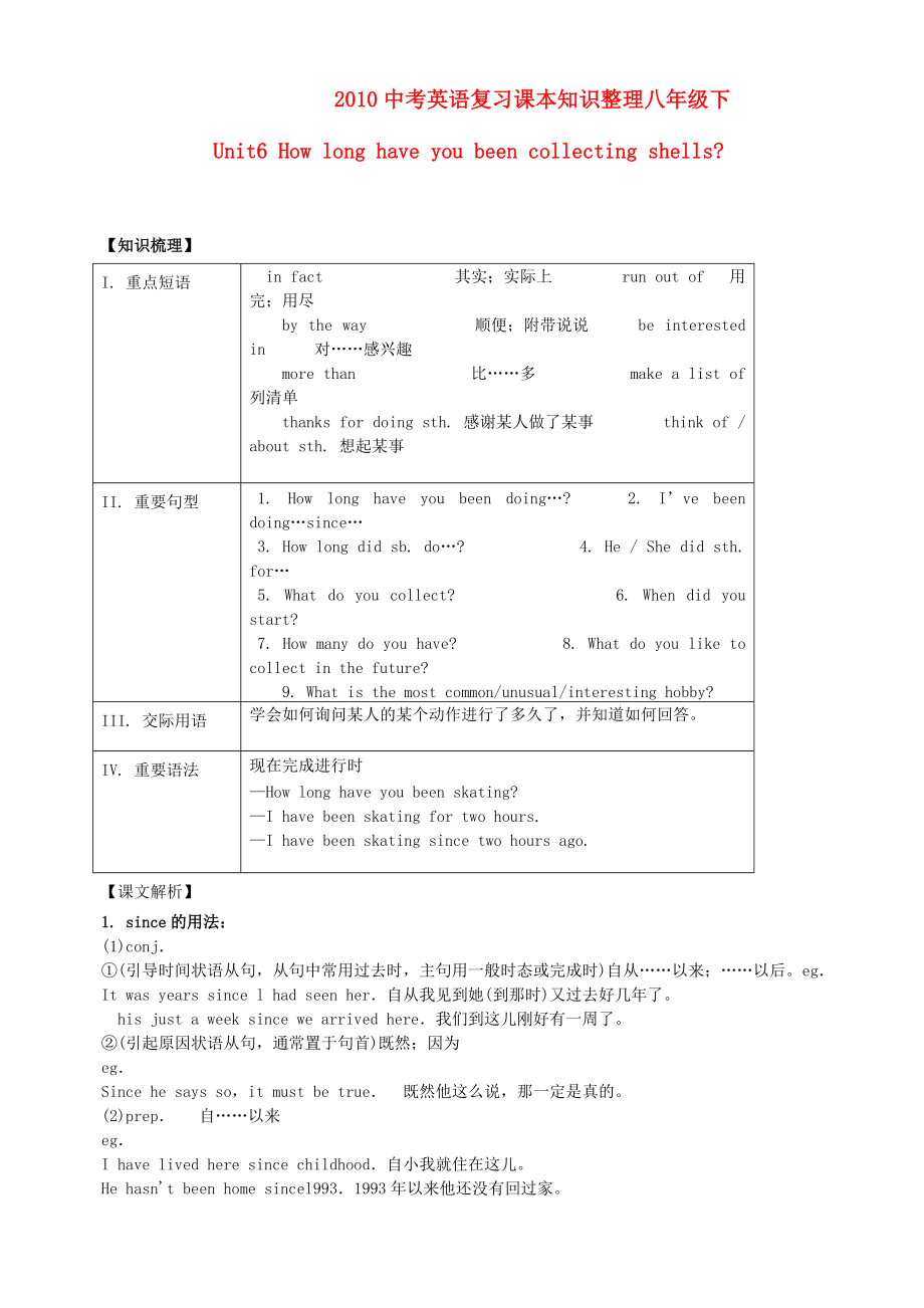 2010中考英語復(fù)習(xí)課本知識整理 八年級下 Unit6_第1頁