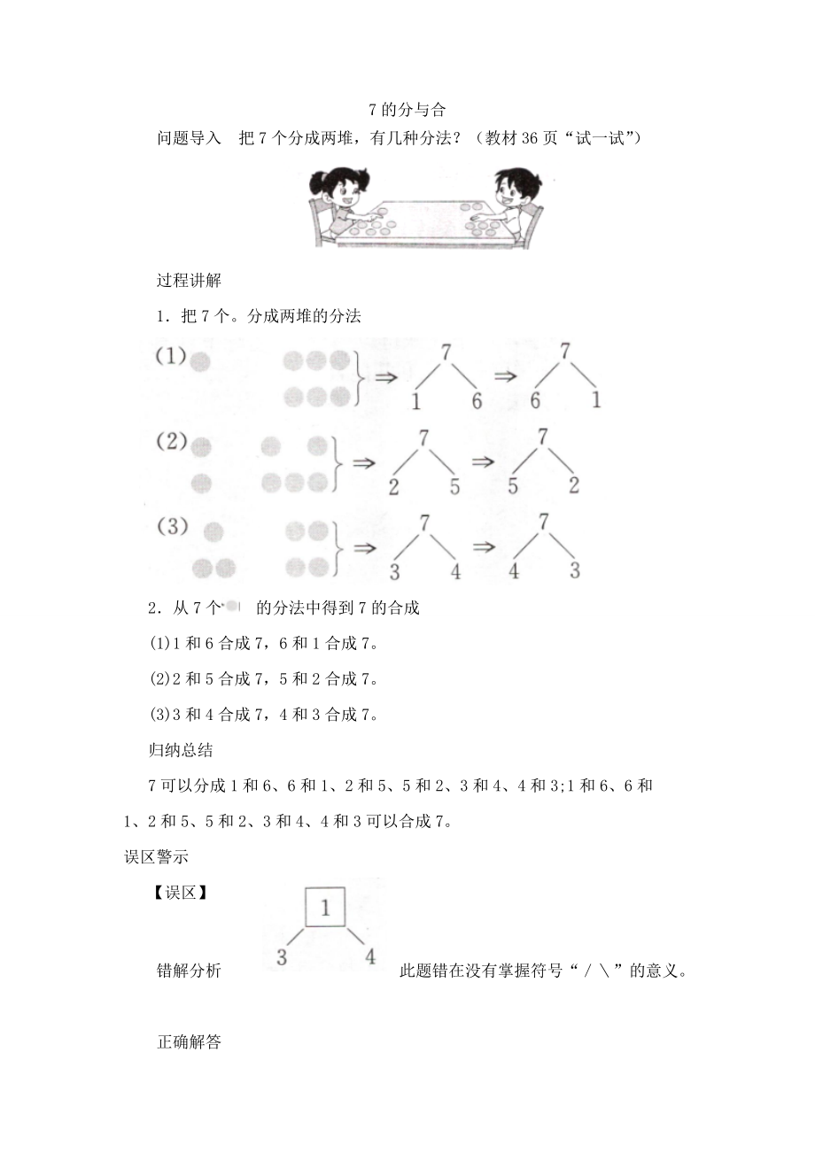 一年級數(shù)學(xué)上冊 第7單元《分與合》《6、7的分與合》7的分與合知識講解素材 蘇教版_第1頁