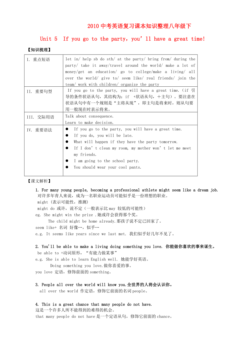 2010中考英語復(fù)習(xí)課本知識(shí)整理 八年級(jí)下 Unit5_第1頁