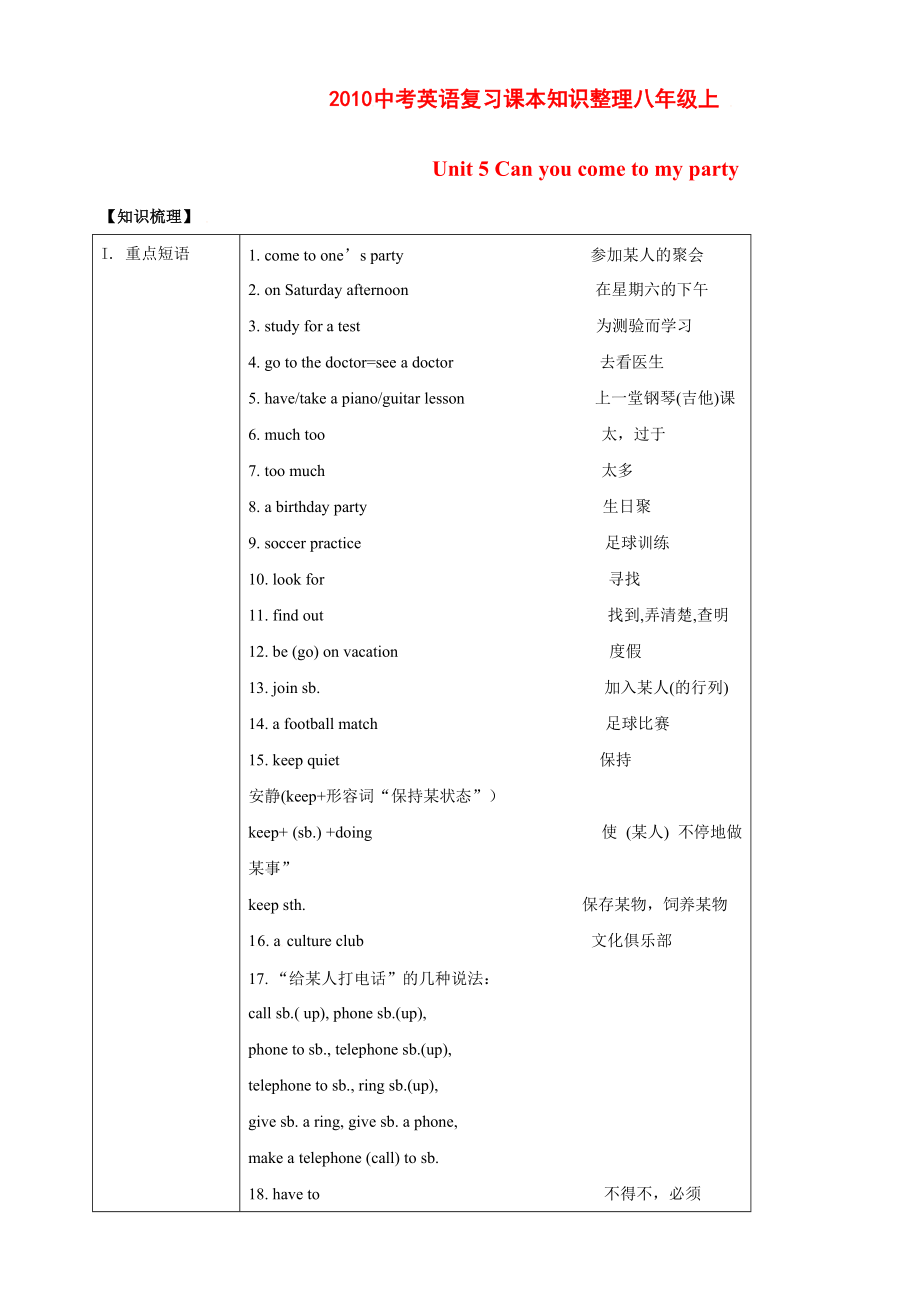 2010中考英語(yǔ)復(fù)習(xí)課本知識(shí)整理 八年級(jí)上 Unit5_第1頁(yè)