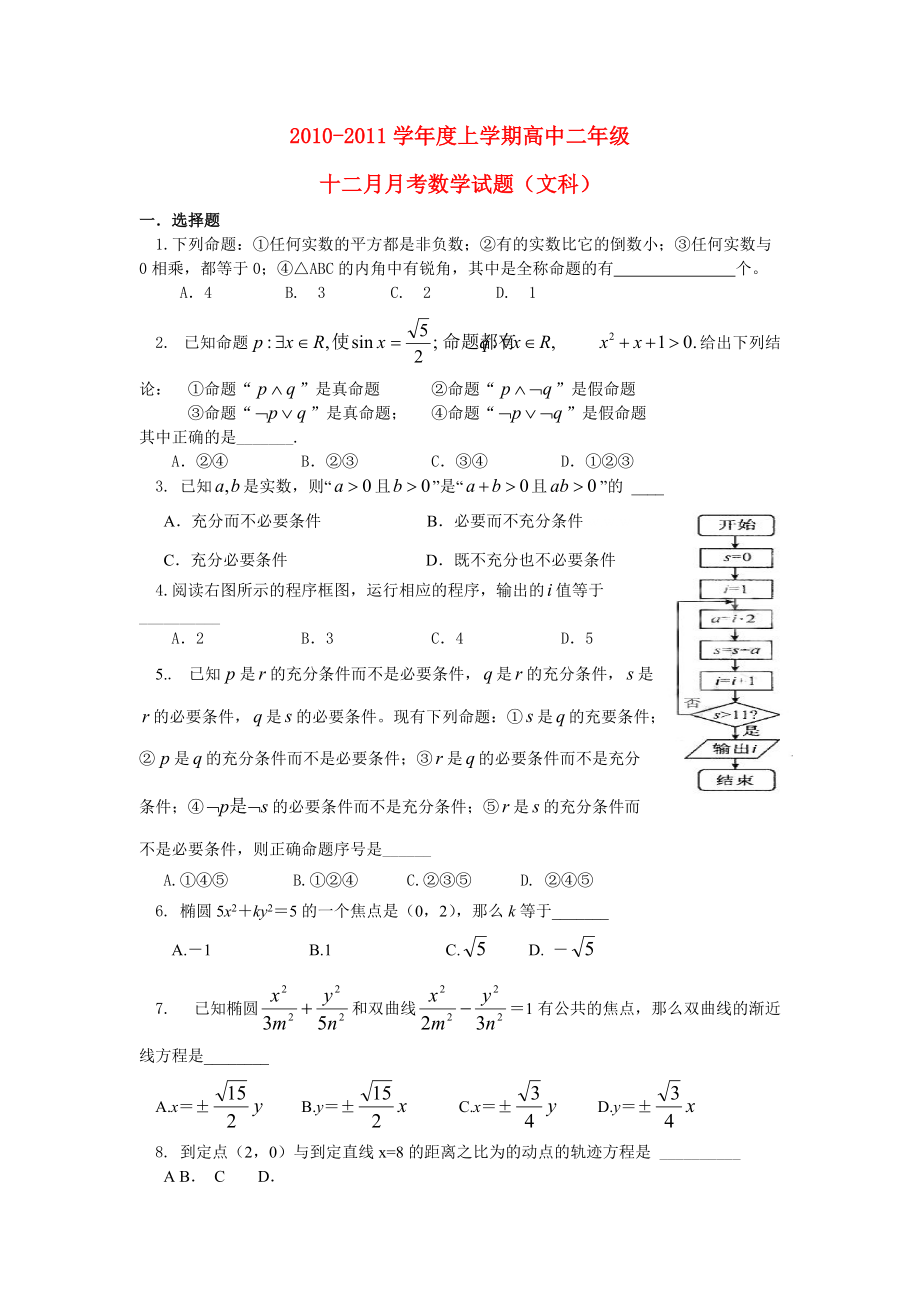 2010-2011年高中数学 12月月考试题 新人教A版选修1_第1页