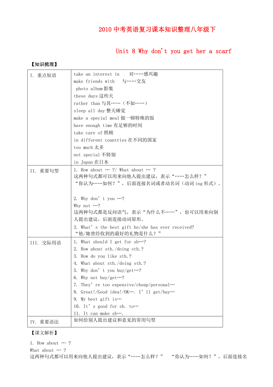 2010中考英語復習課本知識整理 八年級下 Unit8_第1頁