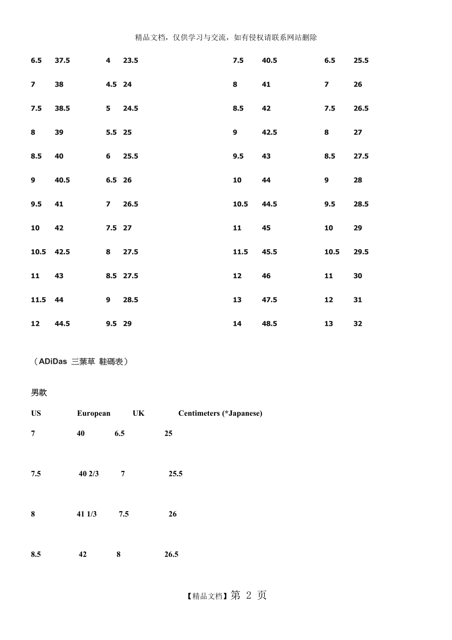 adidasnike各大鞋碼對照表