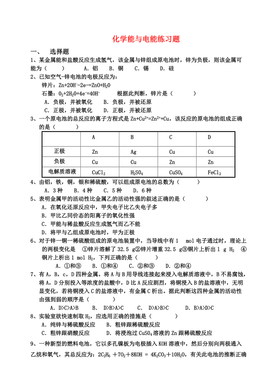 高中化學(xué) 第二章 化學(xué)反應(yīng)與能量 單元綜合 課時(shí)練習(xí) 新人教A版必修2_第1頁(yè)