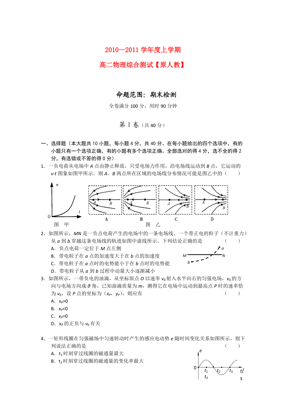 2010-2011学年高二物理 综合测试大纲版人教版_第1页