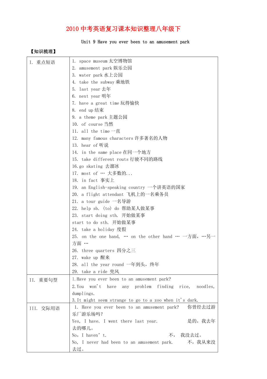 2010中考英語復(fù)習(xí)課本知識整理 八年級下 Unit9_第1頁