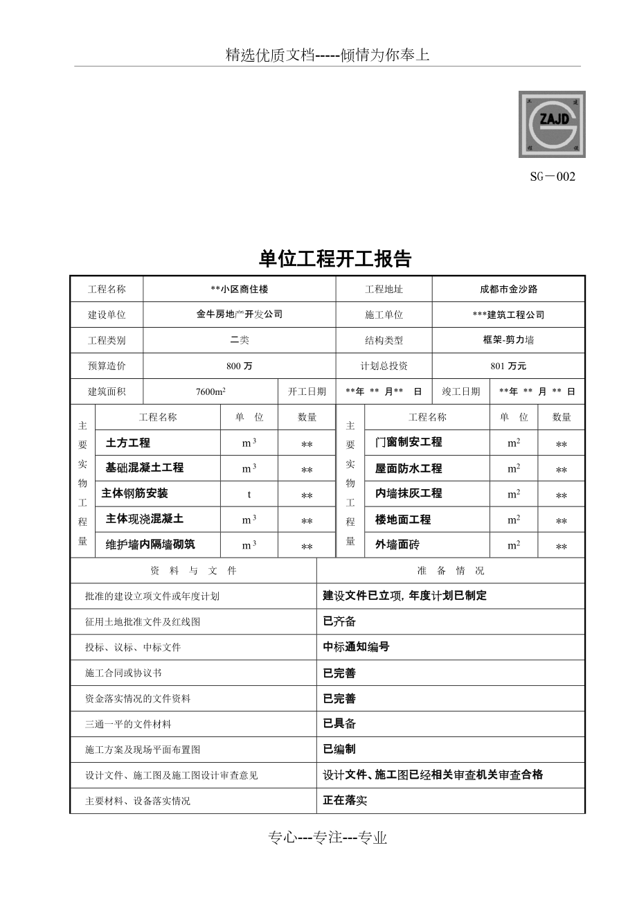 四川单位工程开工报告(共2页)_第1页