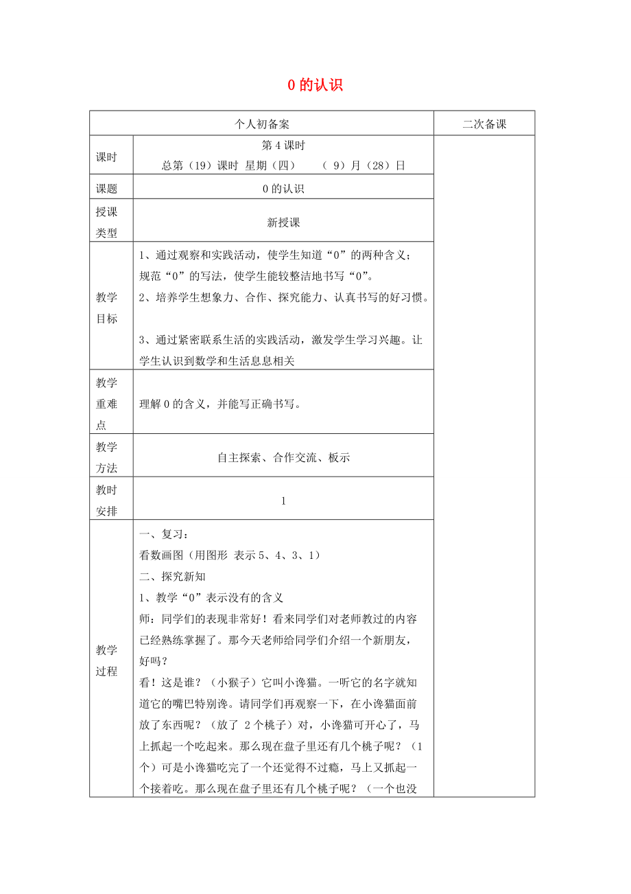 一年級(jí)數(shù)學(xué)上冊(cè) 第五單元 0的認(rèn)識(shí)教案 新人教版_第1頁(yè)