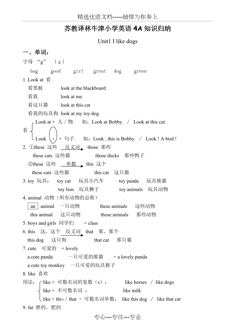 2014蘇教譯林牛津4A英語知識歸納(共13頁)_第1頁