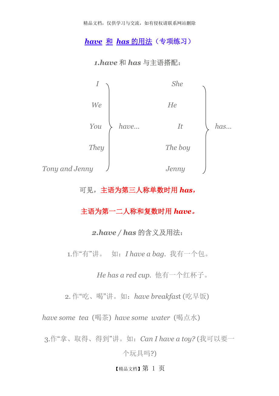 have和has的用法 專項(xiàng)練習(xí)題_第1頁(yè)