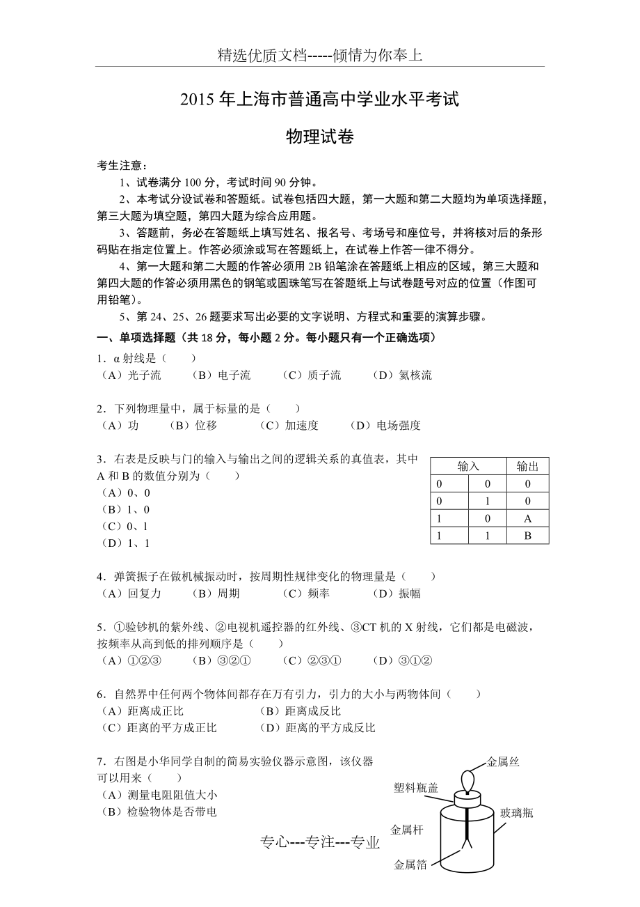 2015年上海市普通高中物理学业合格考试(共8页)_第1页