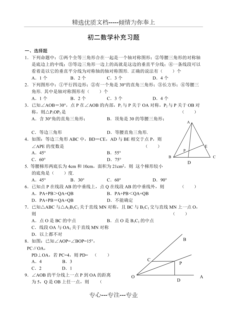 初二数学轴对称图形经典题共7页