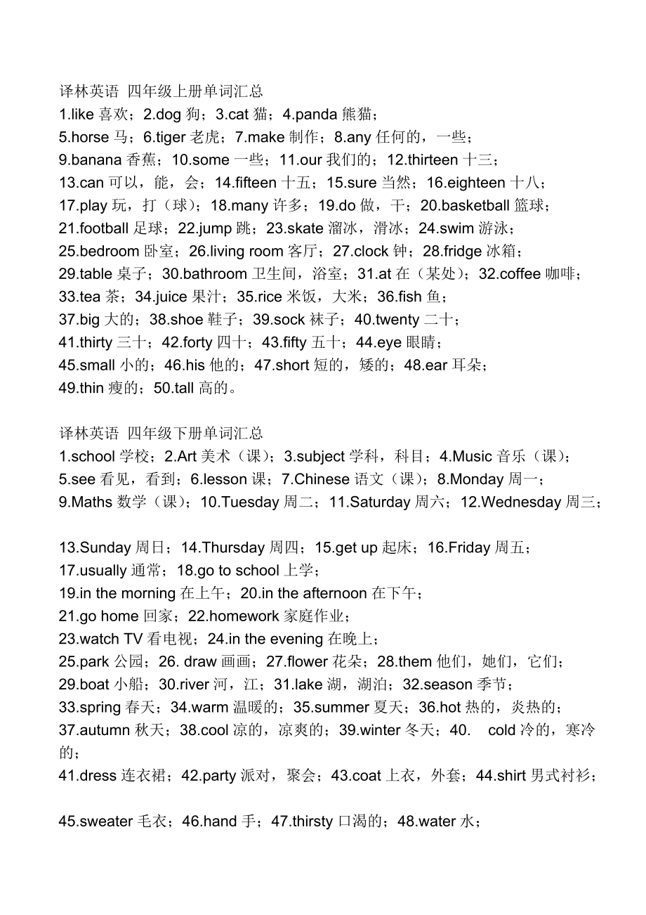 譯林英語四年級(jí)上下冊(cè)單詞匯總_第1頁