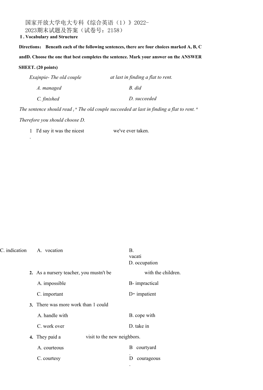 國(guó)家開(kāi)放大學(xué)電大專科《綜合英語(yǔ)1》-2021期末試題_第1頁(yè)