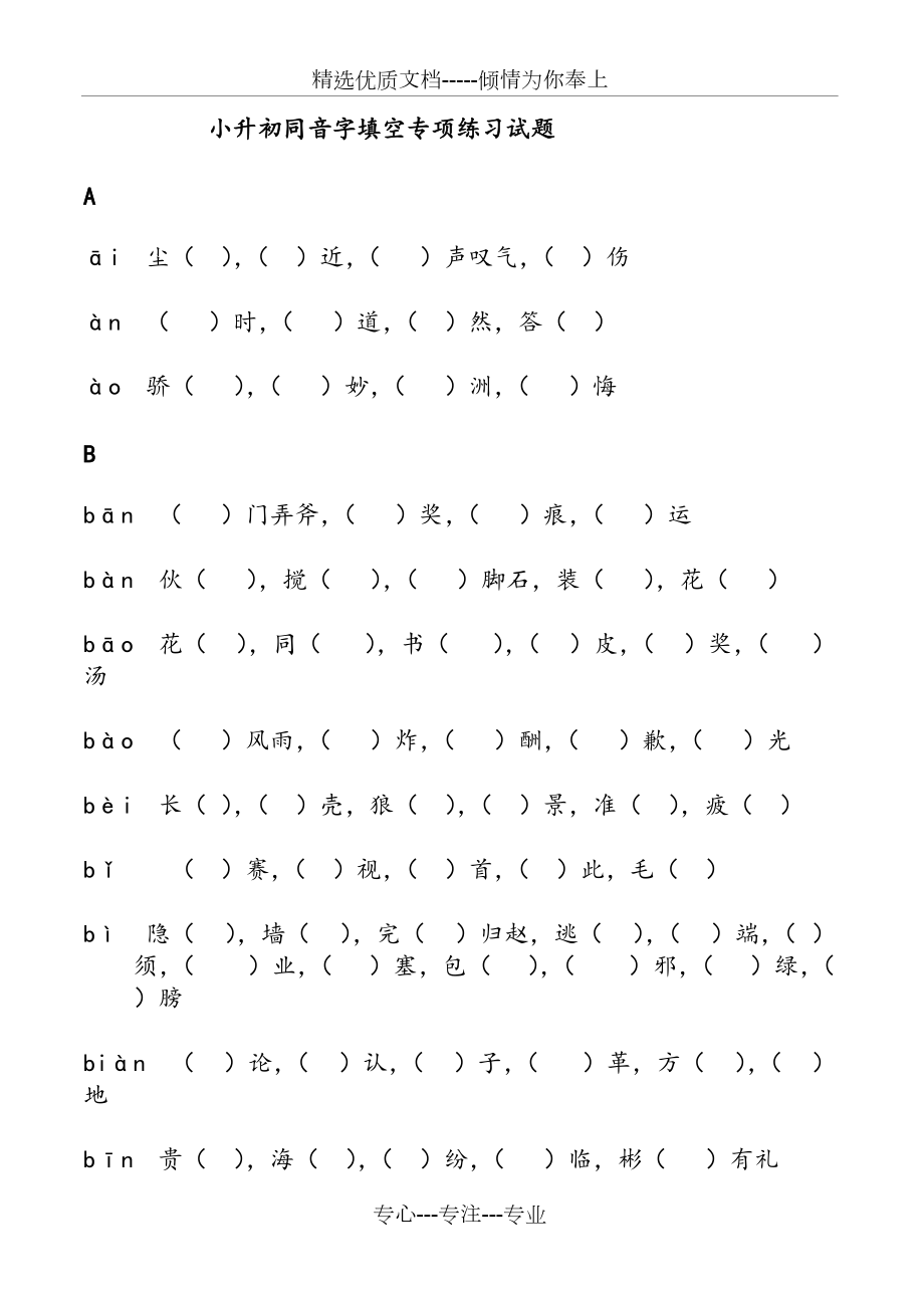 小升初同音字填空专项练习试题(已修改)(共21页)_第1页