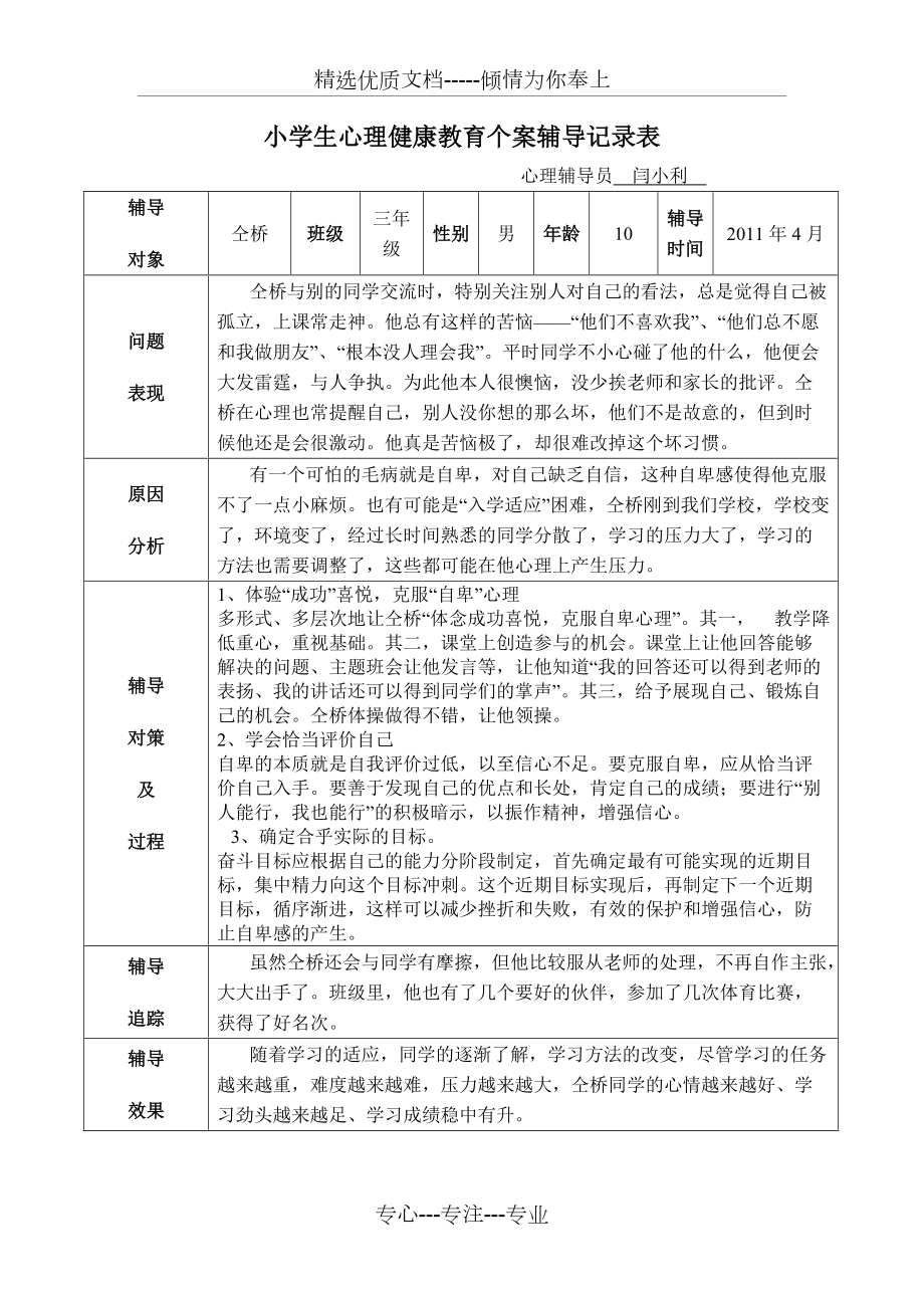 小学生心理健康教育个案辅导记录(共2页)_第1页