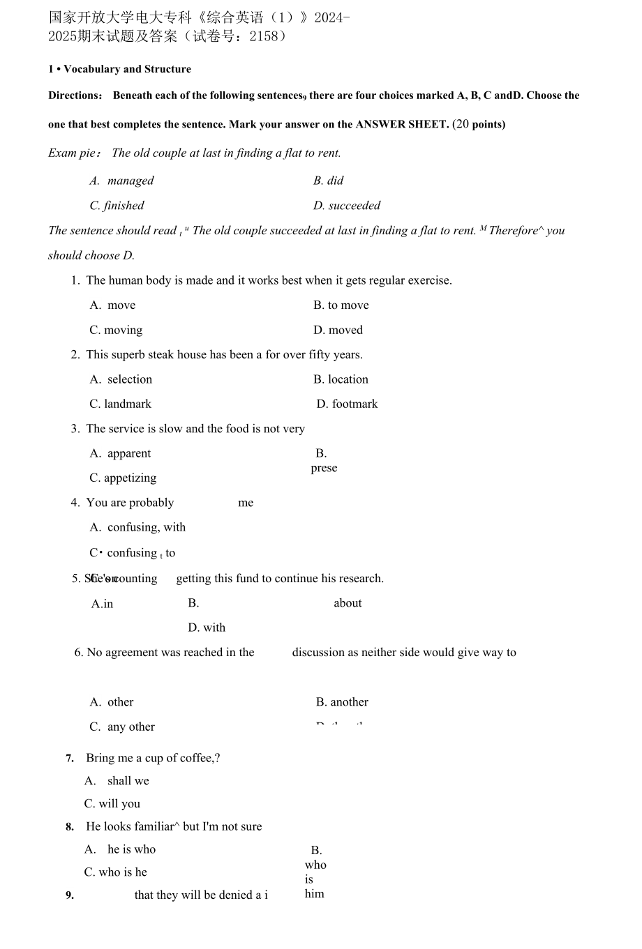 國(guó)家開放大學(xué)電大?？啤毒C合英語(yǔ)1》-2021期末試題 (3)_第1頁(yè)