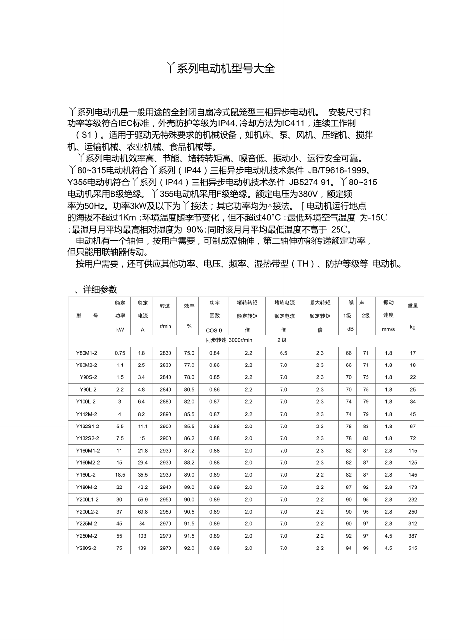 y系列电机参数表图片