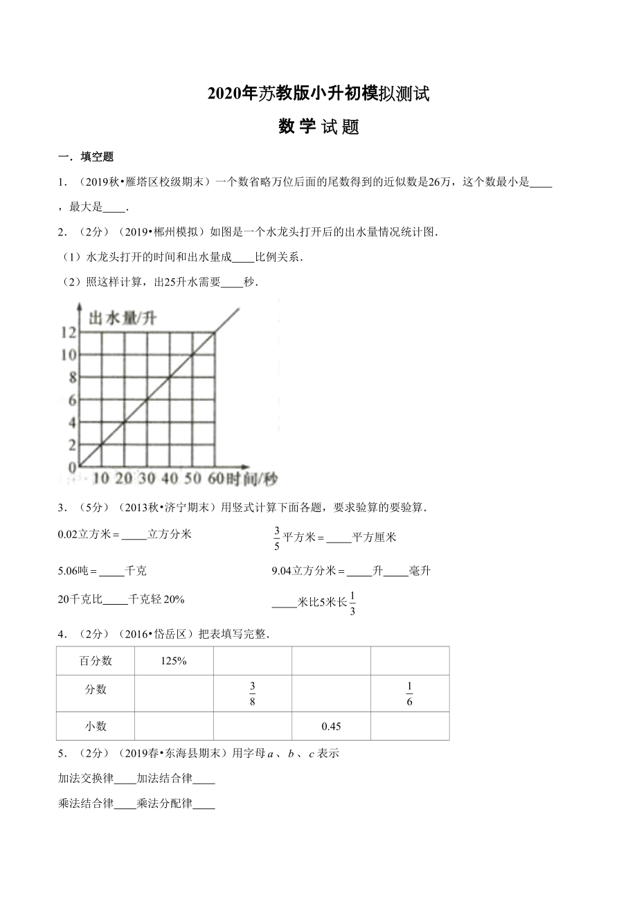苏教版六年级下学期小升初数学测试卷附答案_第1页